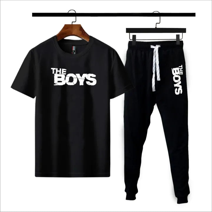 Black The boys printed summer tracksuit for men round neck half sleeves tshirt&trouser for men& boys best article of summer collection - T shirt for Men - Trouser for Men